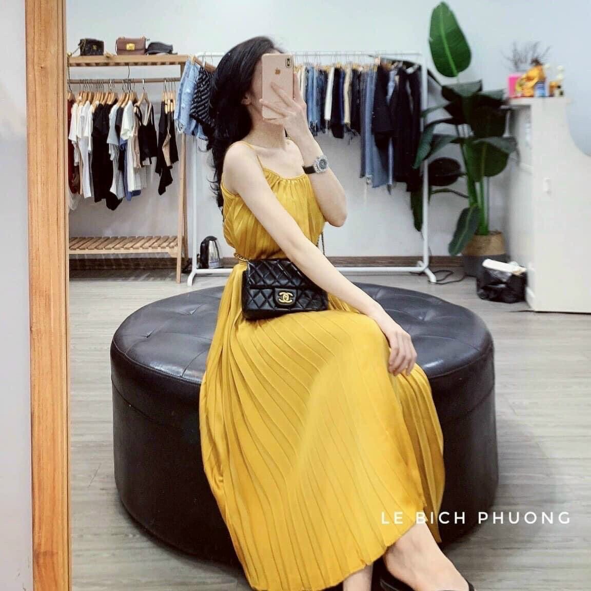 [HCM]Đầm maxi hai dây dập ly chất phi bóng ( ảnh thật )