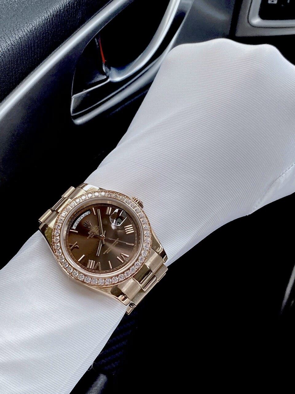 Đồng Hồ Nam Rolex Day Date Day Vàng 2 Lịch Đính Đá Cao Cấp