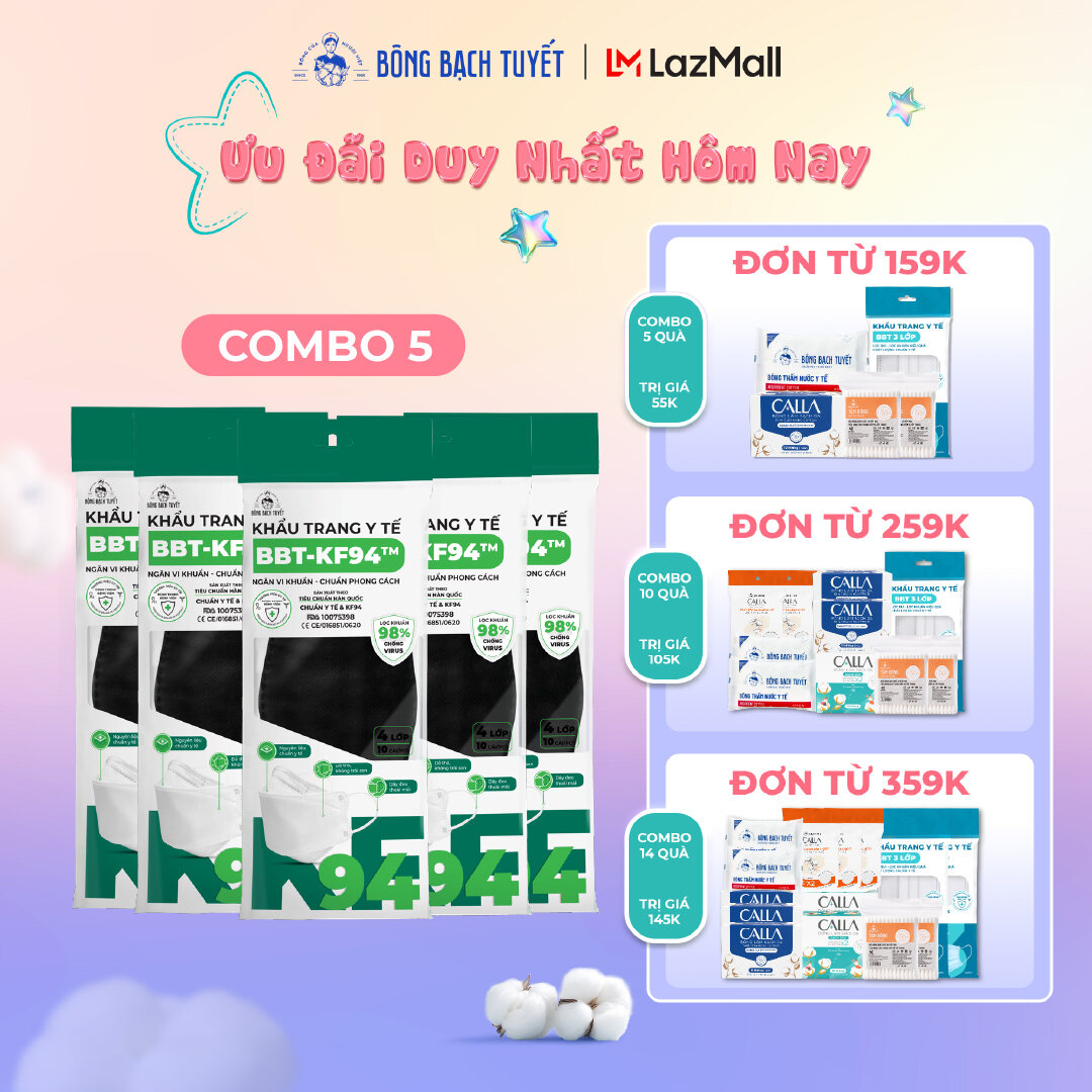 Combo 5 Gói Khẩu trang Bông Bạch Tuyết KF94 4 lớp - Đen (10 cái/hộp)