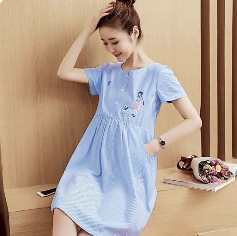 [HCM]Váy bầu công sở kẻ thêu trẻ trung