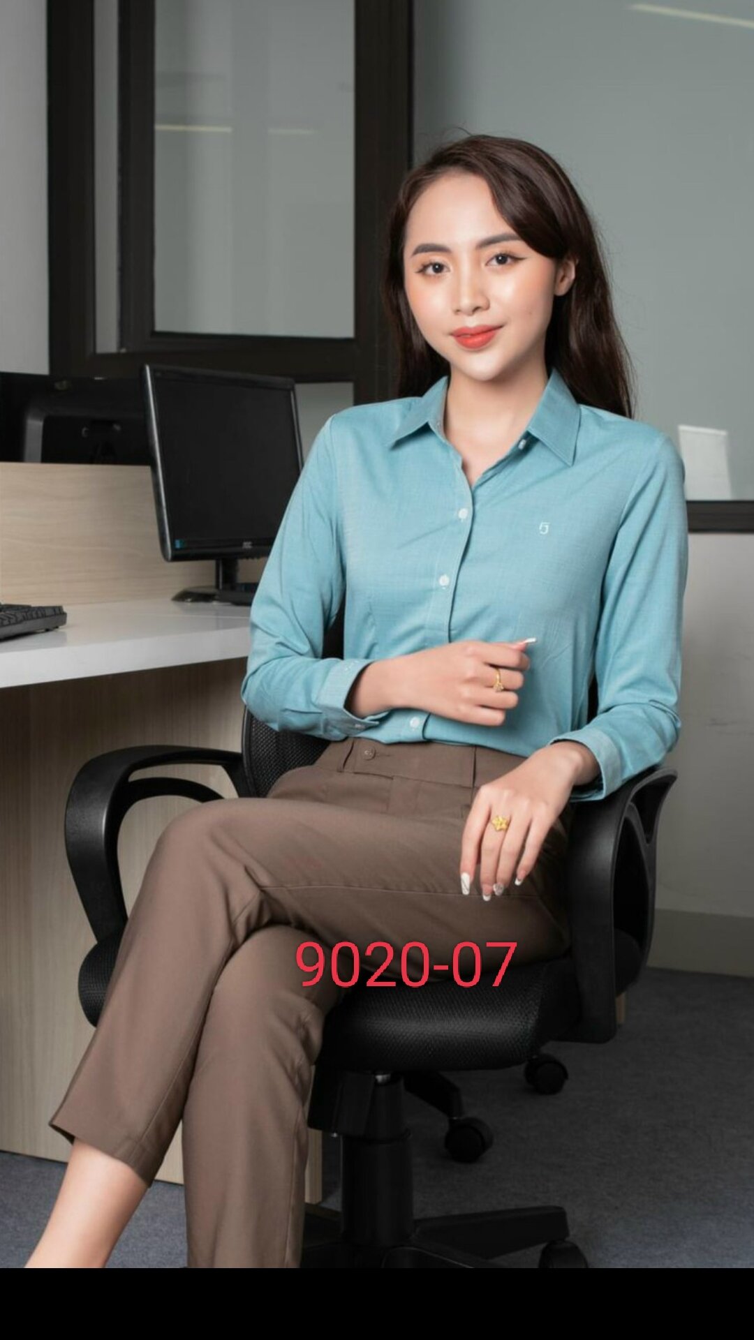áo sơ mi nữ Thái Hòa mã 9020 vải sợi tre co giãn tốt màu xanh ngọc, xanh dương