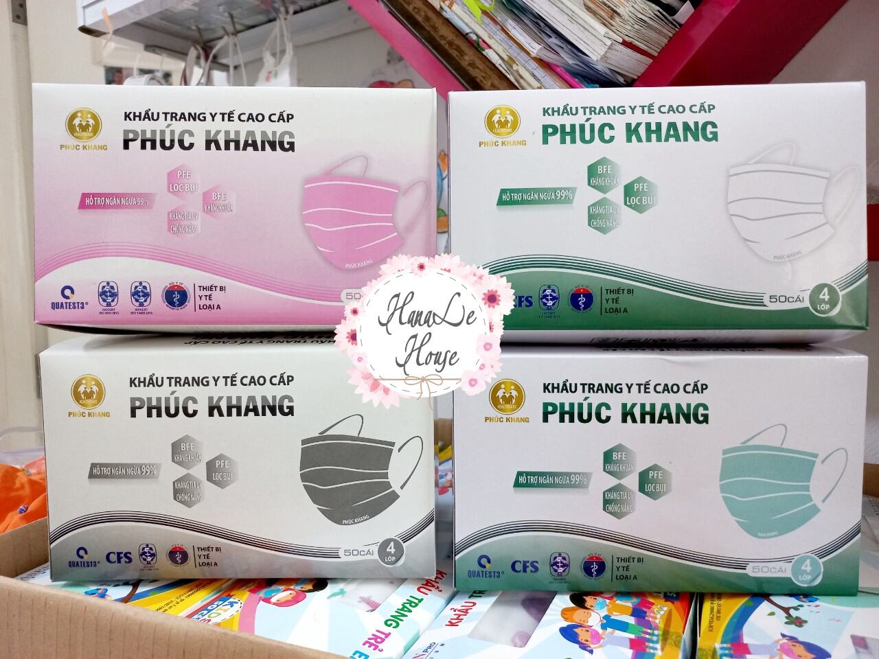 Khẩu trang y tế 4 lớp cao cấp kháng khuẩn Phúc Khang [ 1  hộp 50 cái, thùng 50 hộp]