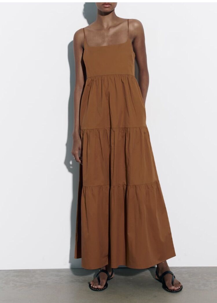 Đầm Zara 2 dây nâu maxi cực tây