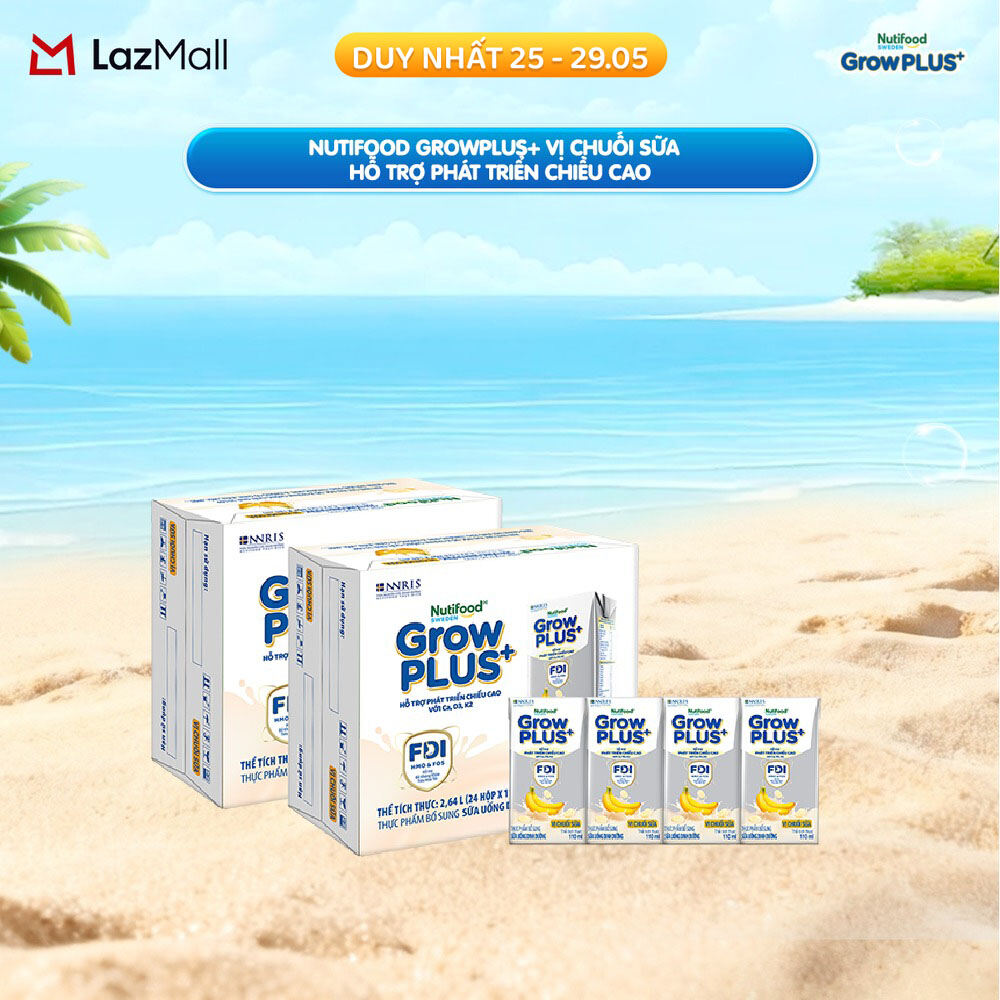 Combo 2 Thùng 24 hộp Sữa bột pha sẵn Nutifood Sweden GrowPLUS+ Vị Chuối Sữa hộp 110ml - Hỗ trợ phát triển chiều cao