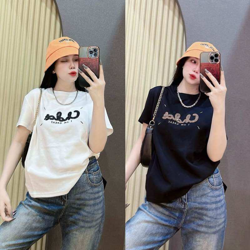 Áo thun cotton Thái nữ dáng vừa phối chữ THÊU