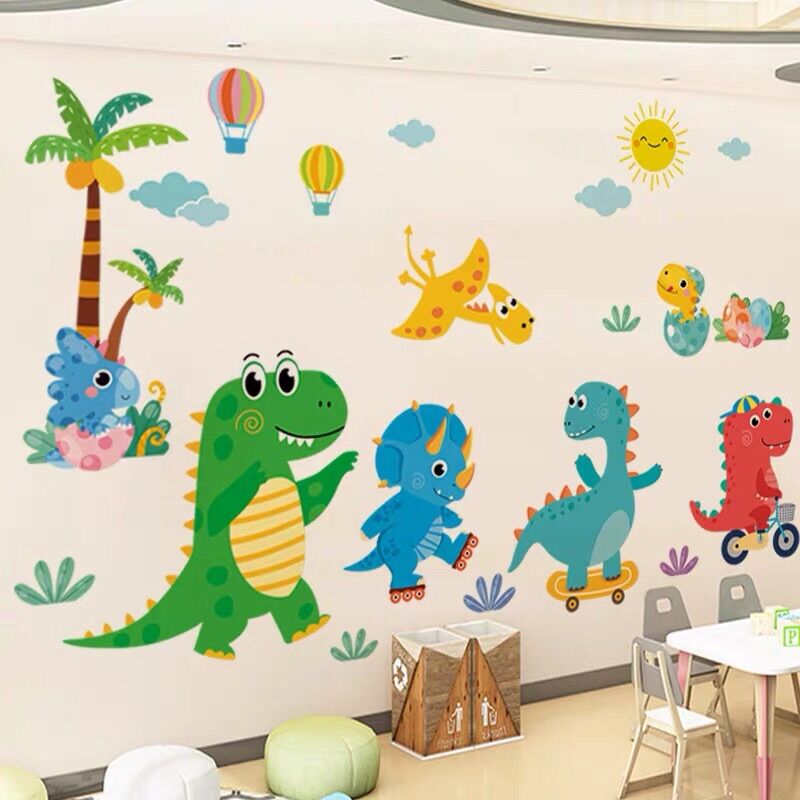 Decal dán tường cho bé khủng long sắc màu