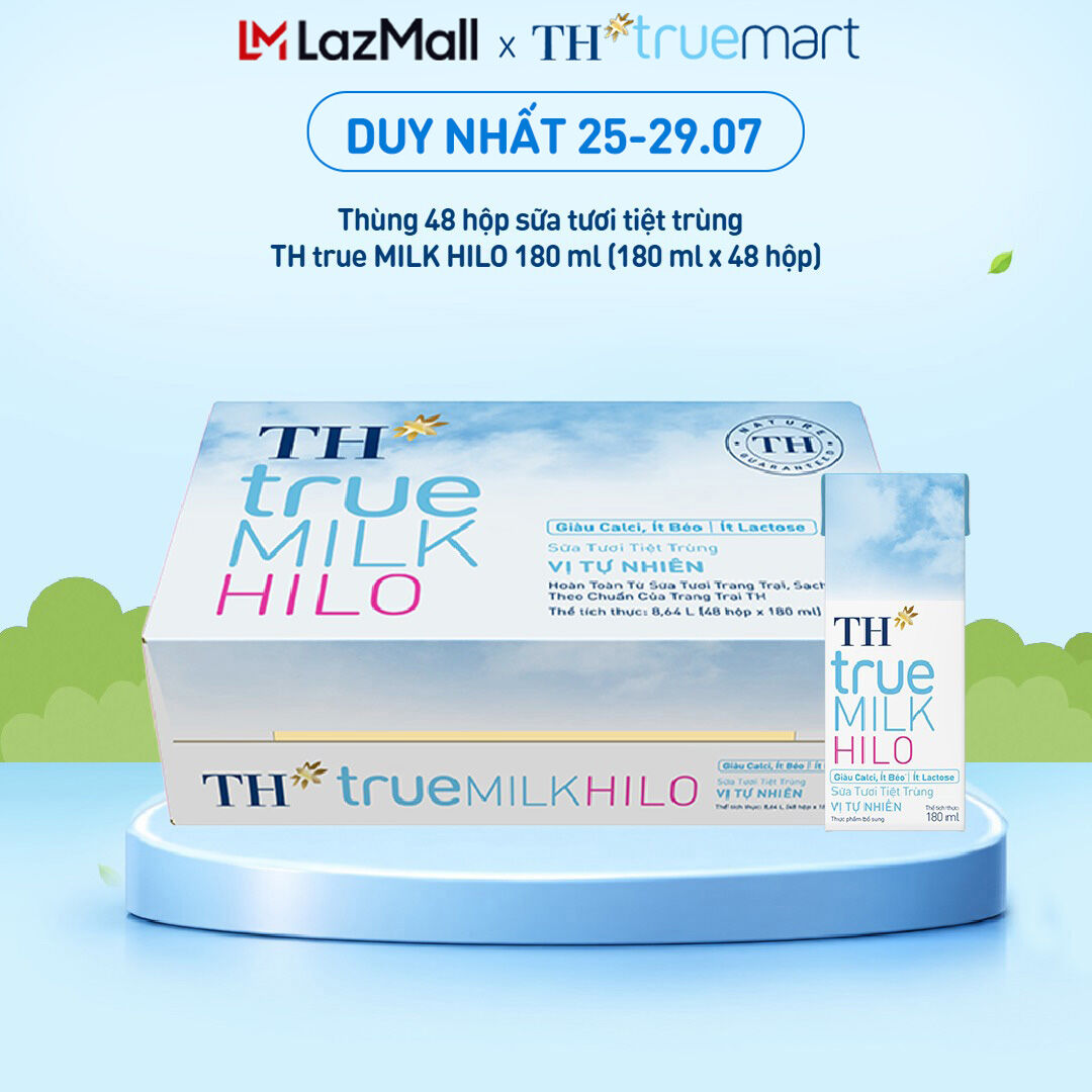Thùng 48 hộp sữa tươi tiệt trùng TH true MILK HILO vị tự nhiên 180 ml (180 ml x 48)