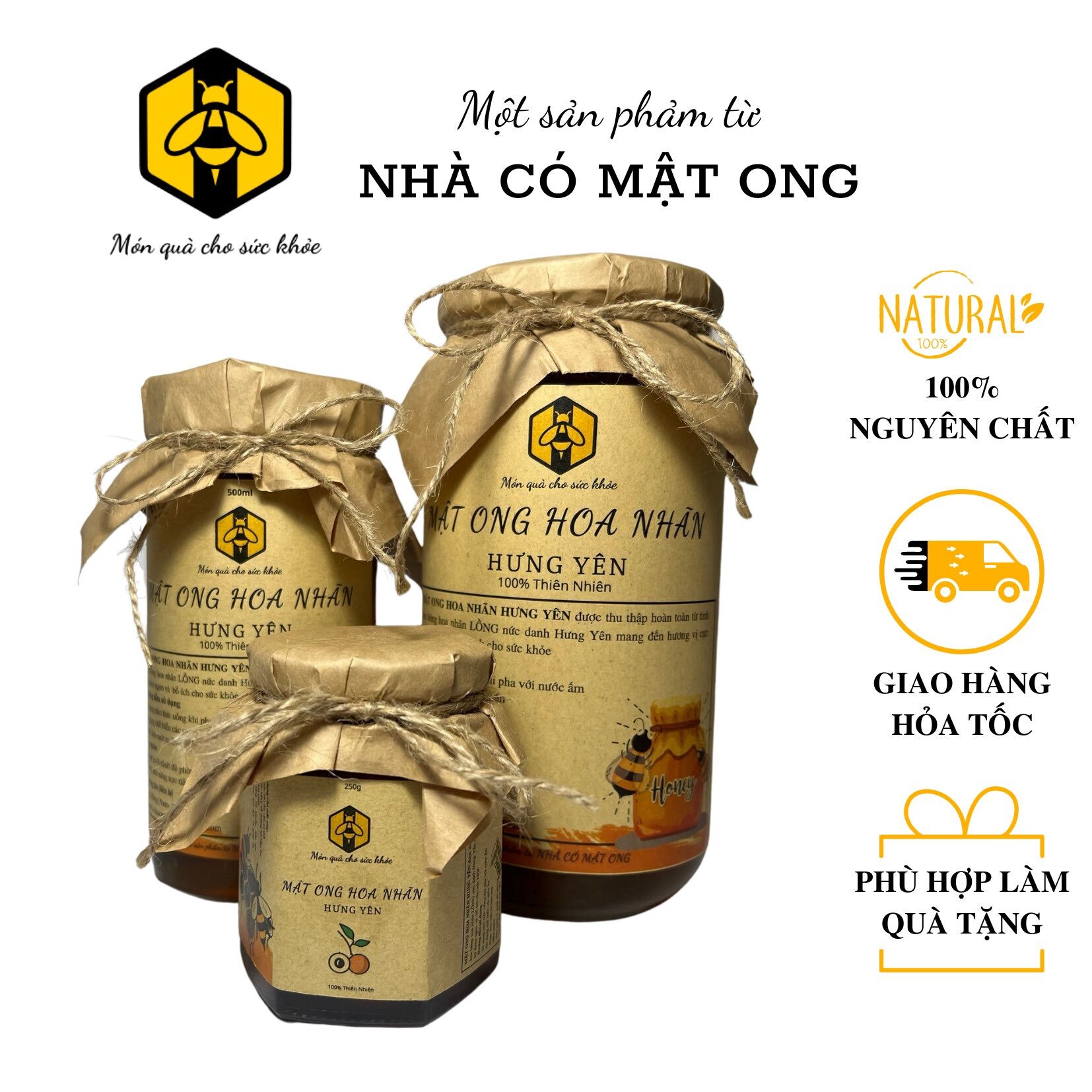 Mật ong hoa nhãn Hưng Yên nguyên chất - Mật ong 100% thiên nhiên làm quà tặng lọ thuỷ tinh 180ml/500ml/1000ml