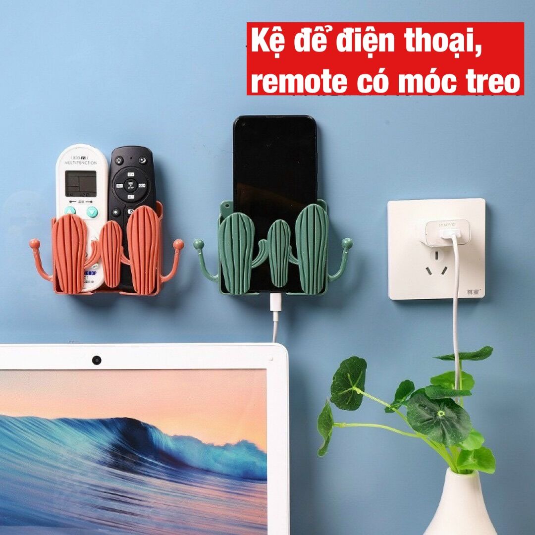 Kệ dán tường hình cây xương rồng để điện thoại sạc pin giá đỡ remote đựng đồ dùng đa năng có móc treo chìa khoá