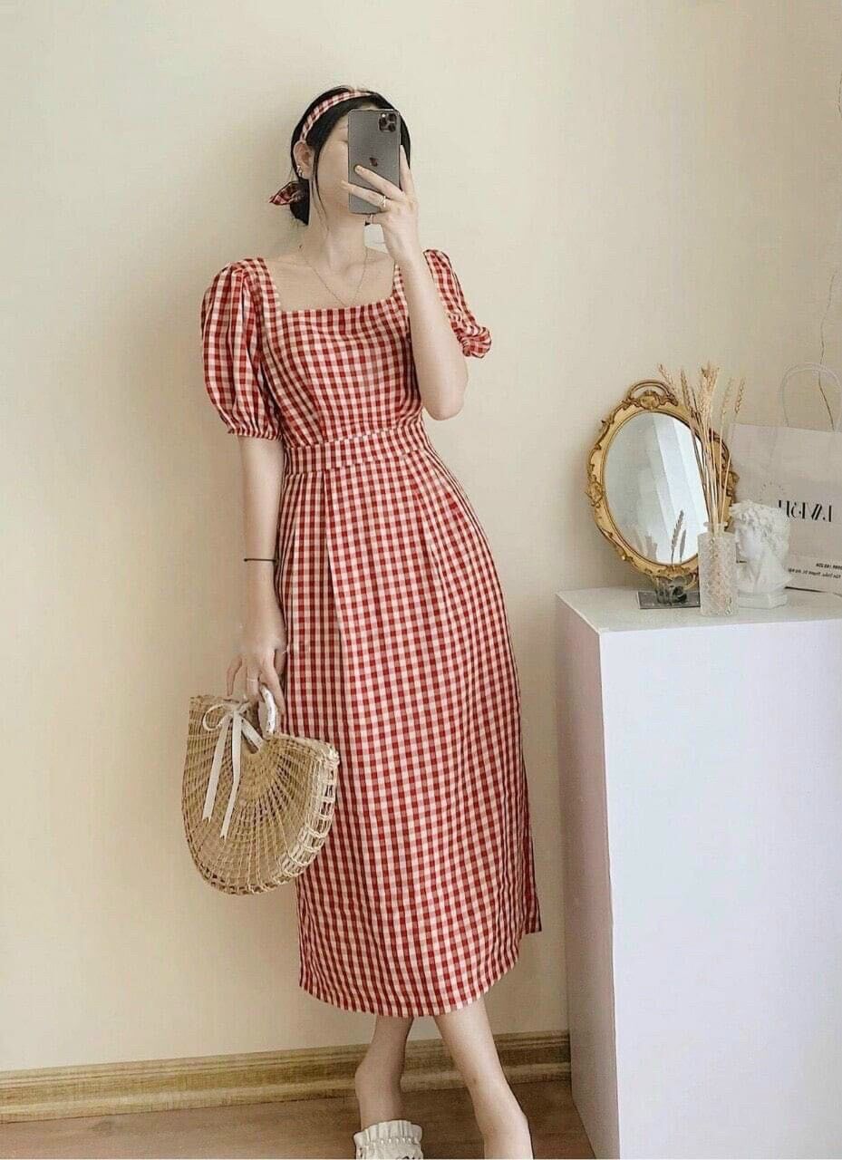 Đầm tiểu thư caro đỏ CR5
