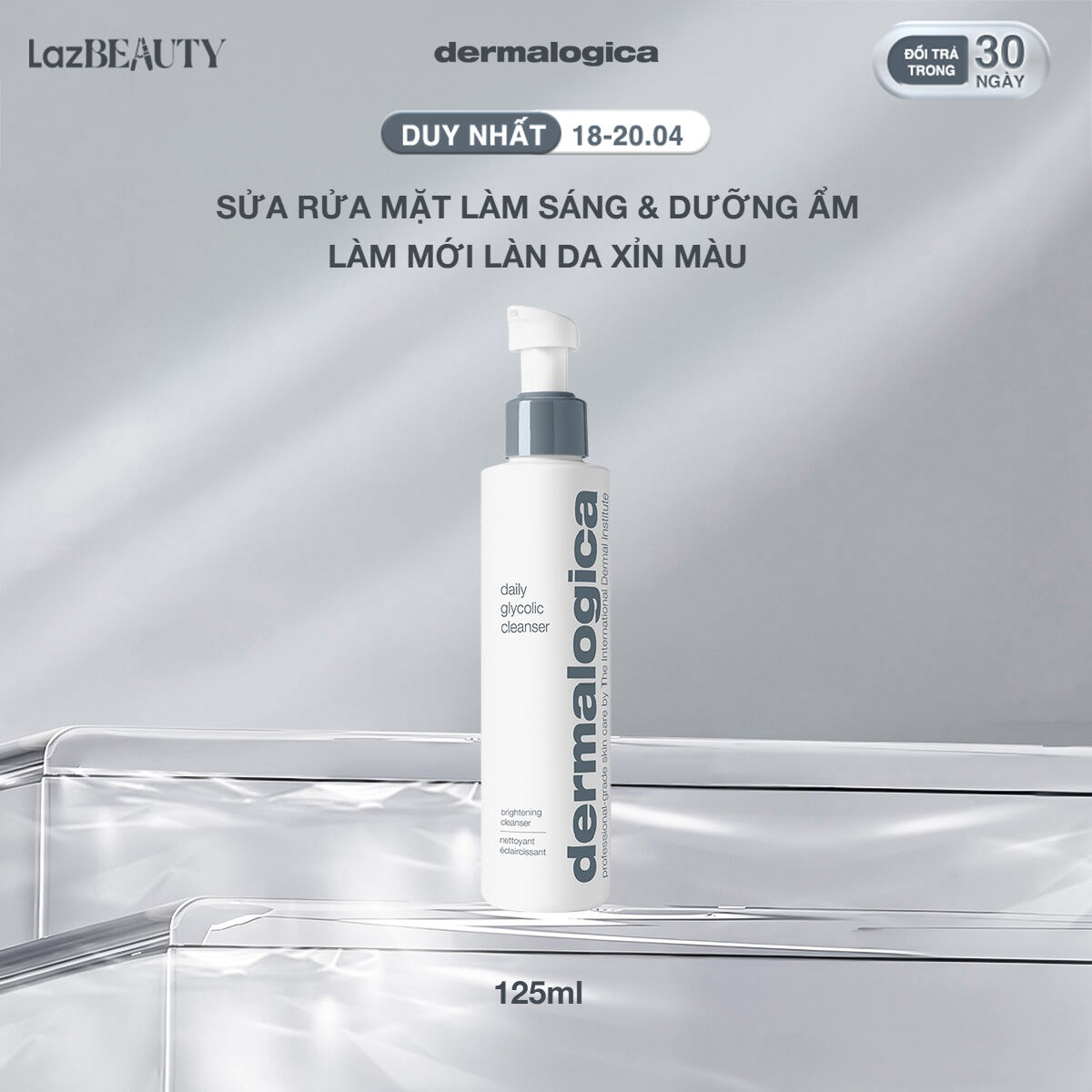 Mới! Sữa rửa mặt làm sáng  dưỡng ẩm làm mới làn da xỉn màu Dermalogica Daily Glycolic Cleanser 125ml