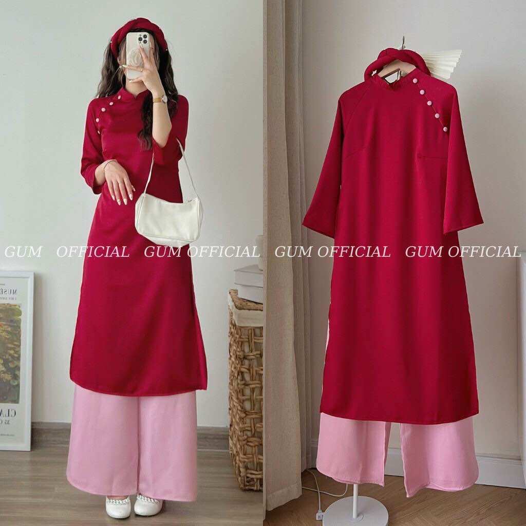 Set áo dài cách tân dáng suông màu đỏ