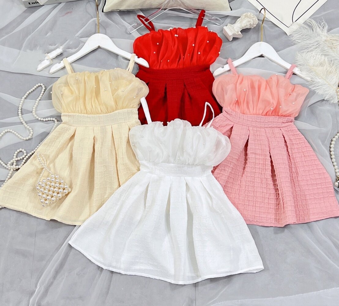 Váy 2 dây thiết kế tơ ren ngực phối tùng xốp vân nổi xoè bé gái