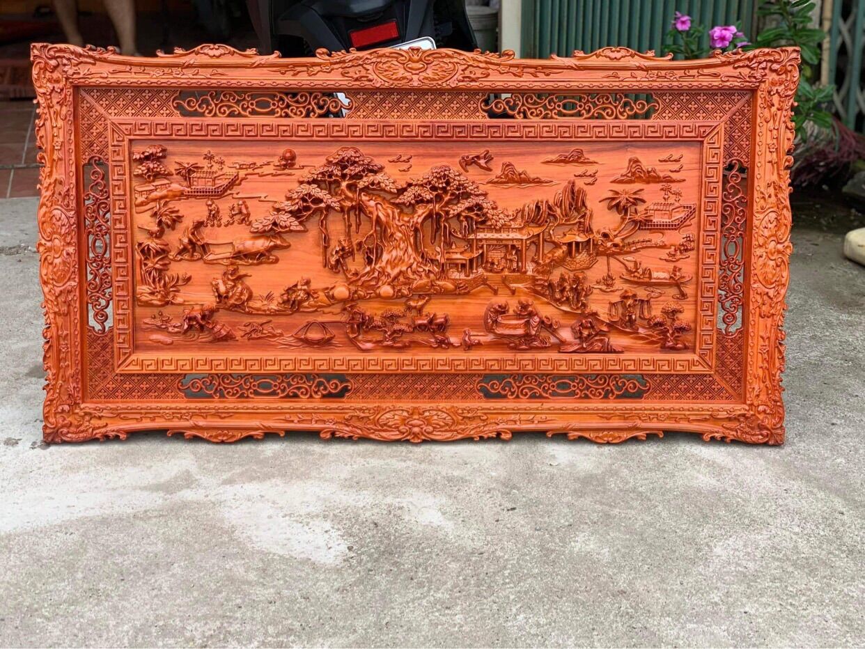 Tranh treo tường đồng quê gỗ hương đỏ kt 127cmx67cm dày 4cm