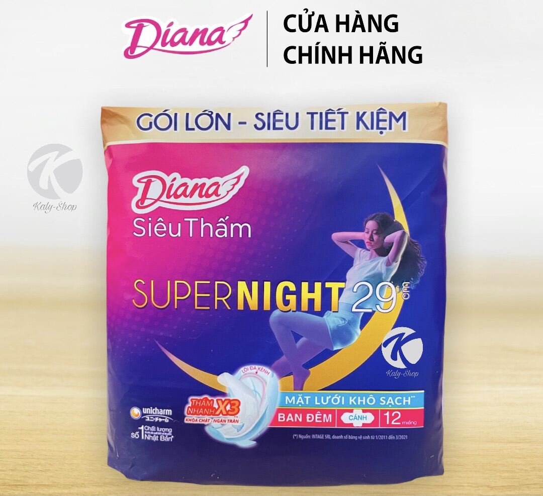 Băng vệ sinh ban đêm Diana Super Night siêu thấm chống tràn 12 miếng 29cm
