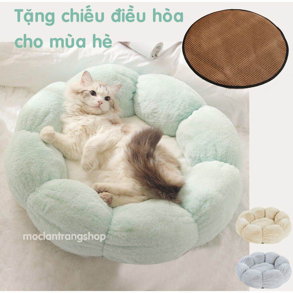 Giường nệm bông cho mèo chó, ổ mèo hình hoa kèm chiếu điều hòa, đệm dày cao cấp