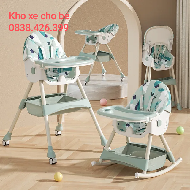 Ghế ăn dặm gập gọn kiêm bập bênh Honper có thể ngả nằm khóa bánh ,bàn ăn 2 lớp,nệm da PU cho bé