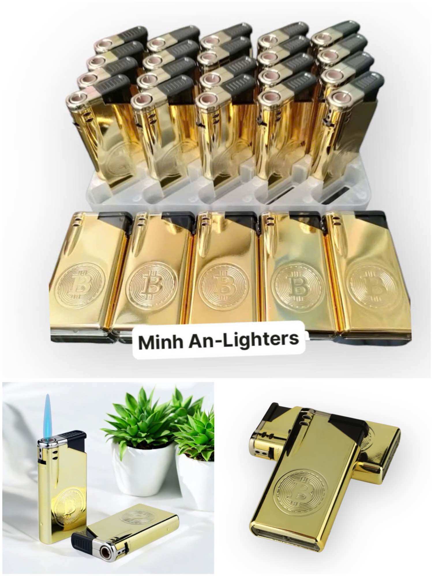 Combo 5 cái Bật Lửa ga khò kim loại màu vàng dập nổi hình Bitcoin ( bơm gas lại được) -thiết kế sang trọng