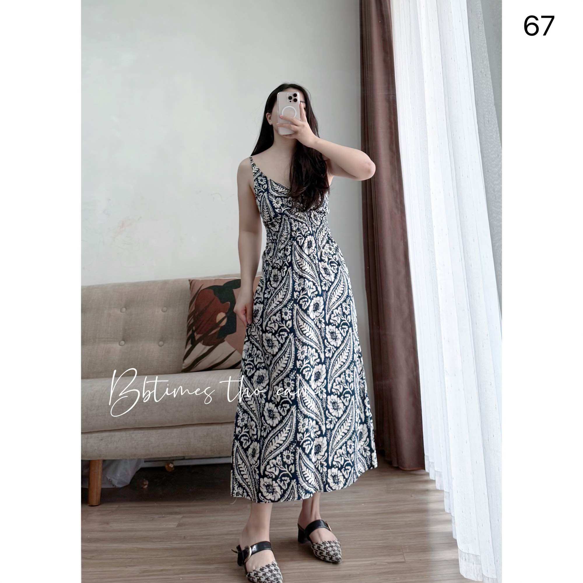 2-Strap Linen Maxi Dress with Brocade Pattern