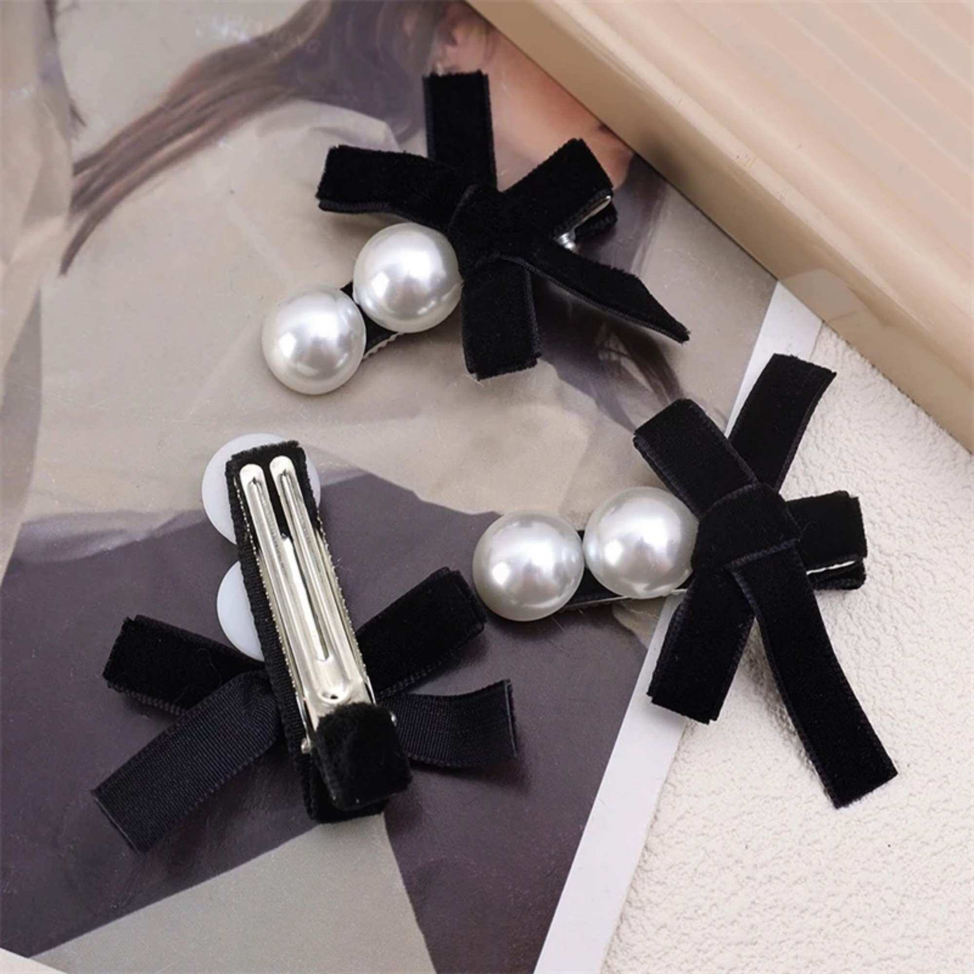 Velvet Bow Hair Clip with Beads for Women