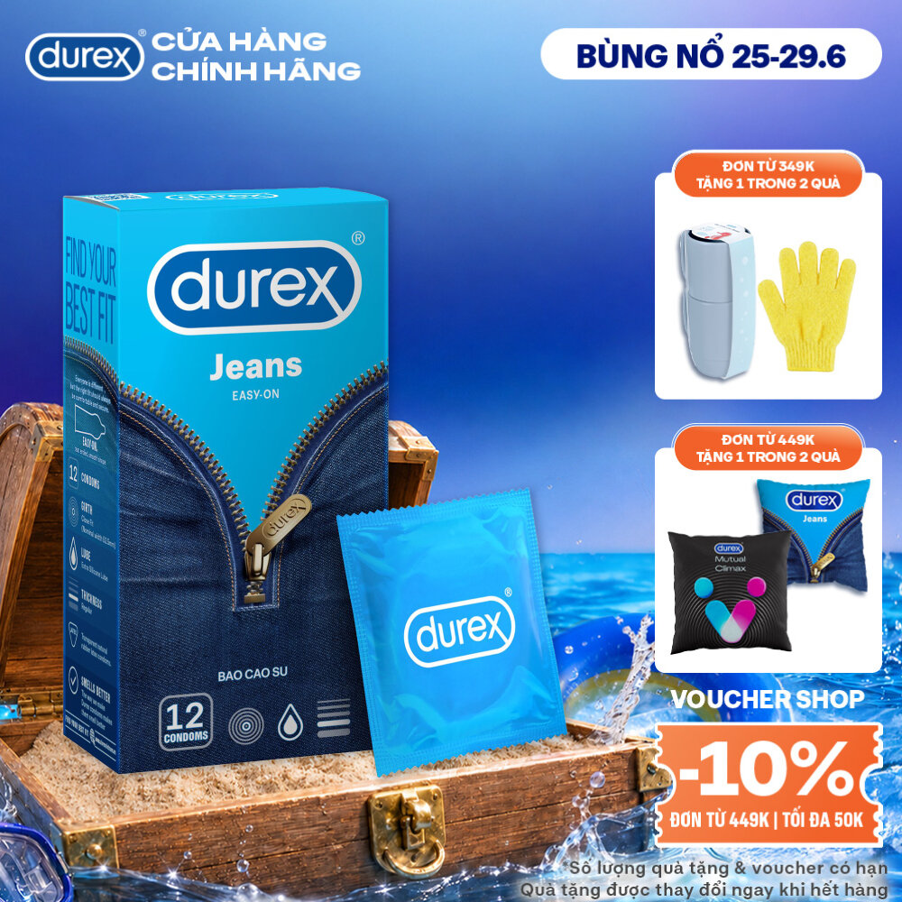 Bao cao su Durex Jeans cơ bản, bôi trơn, size 52.5mm, hộp 12 bao