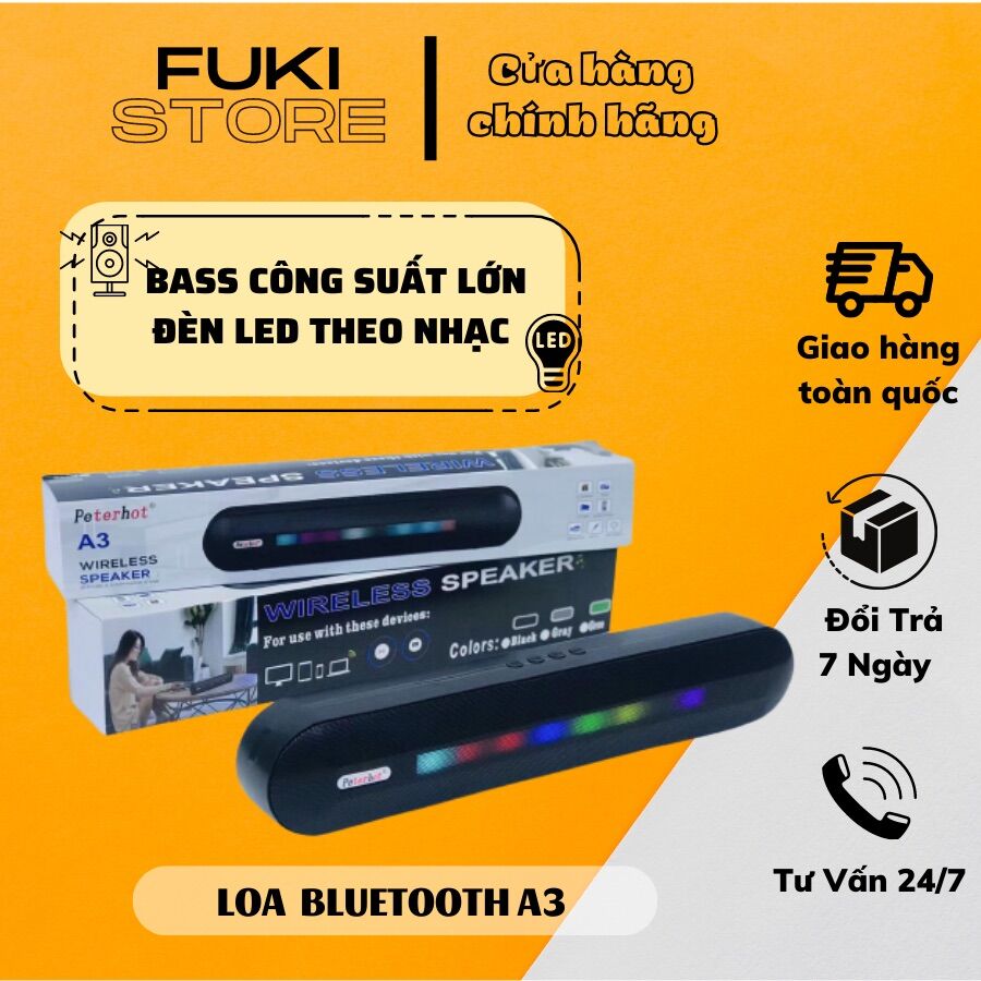 Loa Bluetooth A3 Trang Bị  2 Loa 5W + 2 Bass Công Suất Lớn, Đèn Led Theo Nhạc - Hỗ Trợ Thẻ Nhớ, USB, Đài FM, AUX - FuKi Store