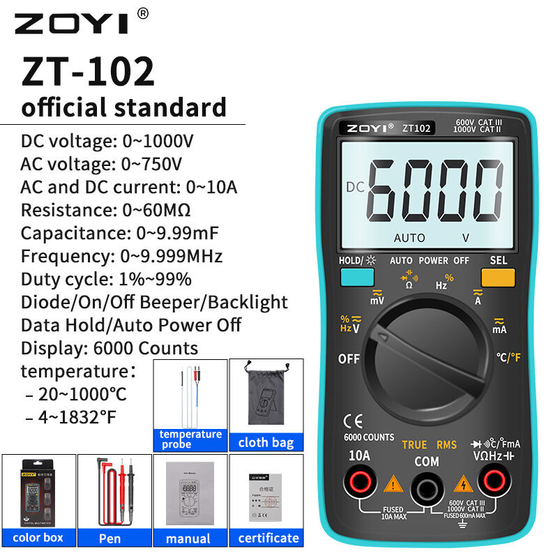 Zoyi Zt102/102a Vạn Năng Kỹ Thuật Số 6000 Đếm Đồng Hồ Đo Điện Bóng Bán Dẫn Bút Thử Tự Động Rang Ac/d