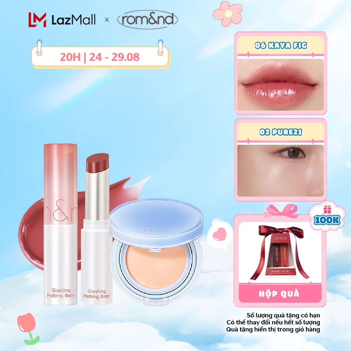 Combo Son dưỡng màu tint Romand Glasting Melting Balm 3.5g + Phấn nước Romand Bare Water Cushion 20g