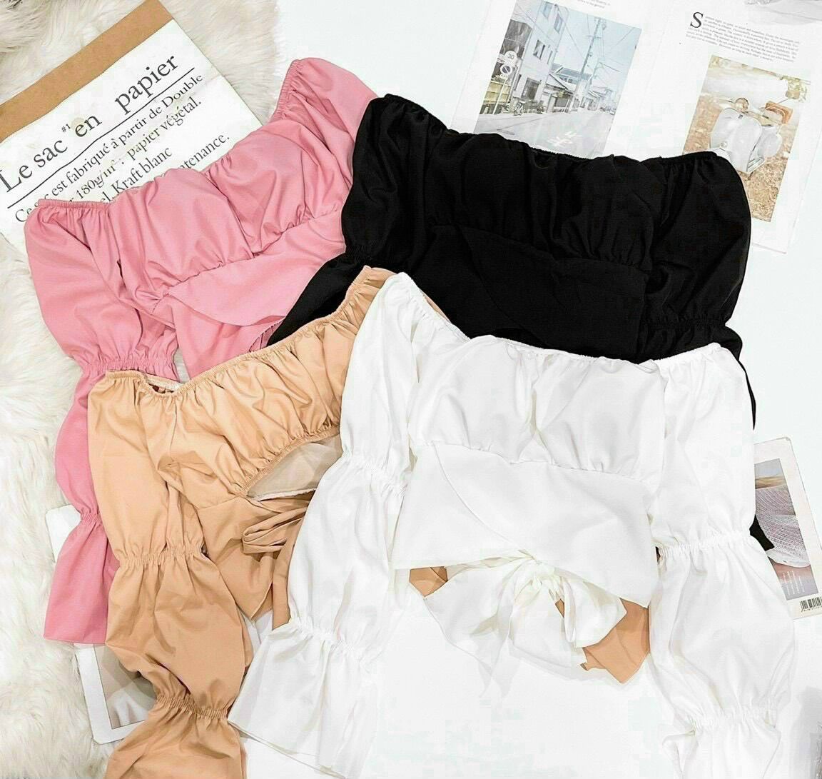 Áo croptop cột eo tay phồng chất voan mịn tiểu thư siêu hot