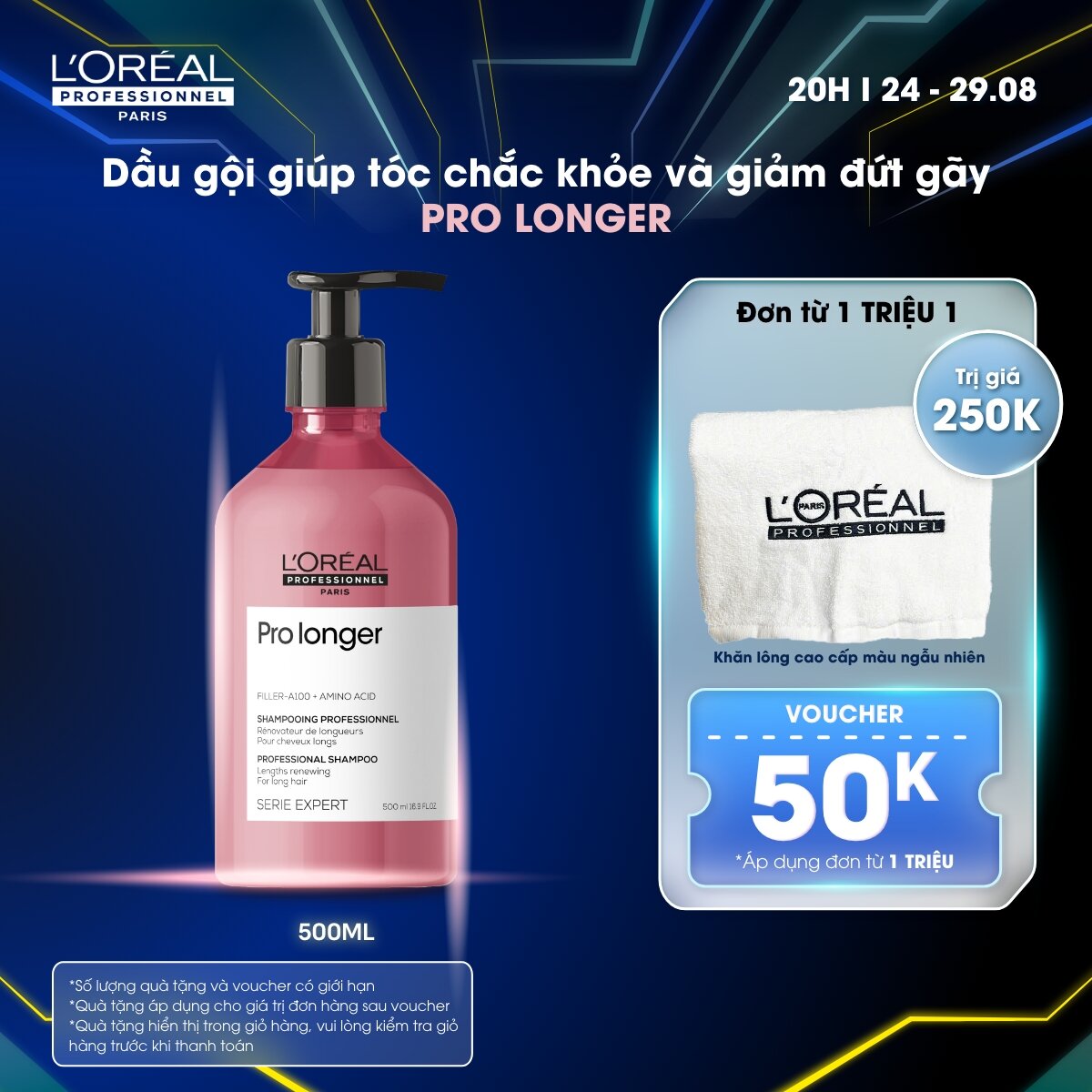 Dầu gội dưỡng tóc dài mềm mượt, chắc khỏe, giảm đứt gãy, chẻ ngọn L'Oréal Professionnel Serie Expert Pro Longer 500ml - Dành cho tóc dài, dễ đứt gãy, chẻ ngọn