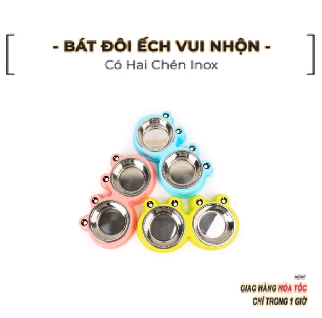Bát ăn cho chó mèo 2 ngăn lòng inox hình ếch