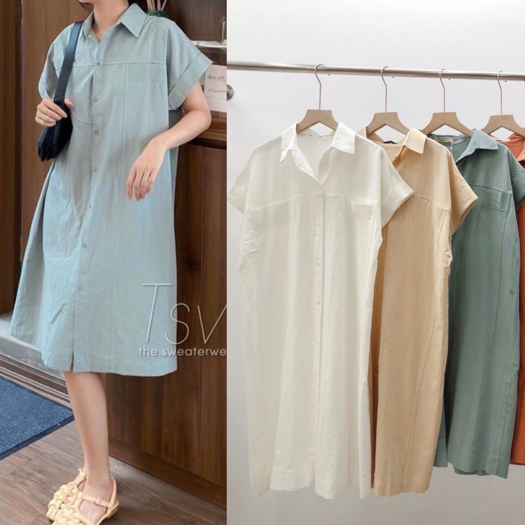 Váy sơ mi thô đũi gập tay dáng dài - Lumii