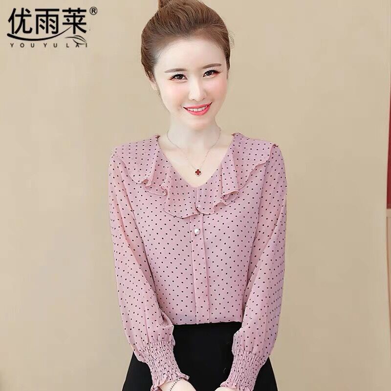 ÁO SƠ MI NỮ CHẤM BI CỔ BÈO TAY NHÚN CAO CẤP