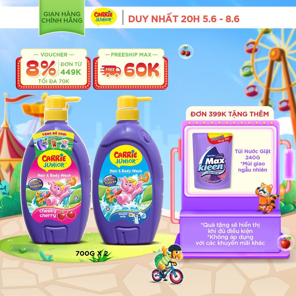 Combo 2 chai Sữa Tắm Gội cho bé Carrie Junior 700g/chai: 1 Hương Cherry + 1 Tinh Chất Sữa