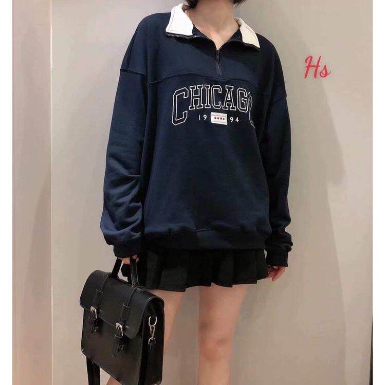 Áo nỉ cổ khoá chi cago 1994, cổ bẻ style hàn dễ phối đồ ạ