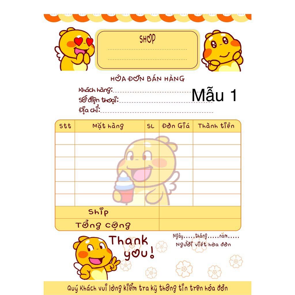 Hoá đơn bán lẻ kute 9,5cmx16cm 1 liên, phiếu ship hàng, hóa đơn lẻ