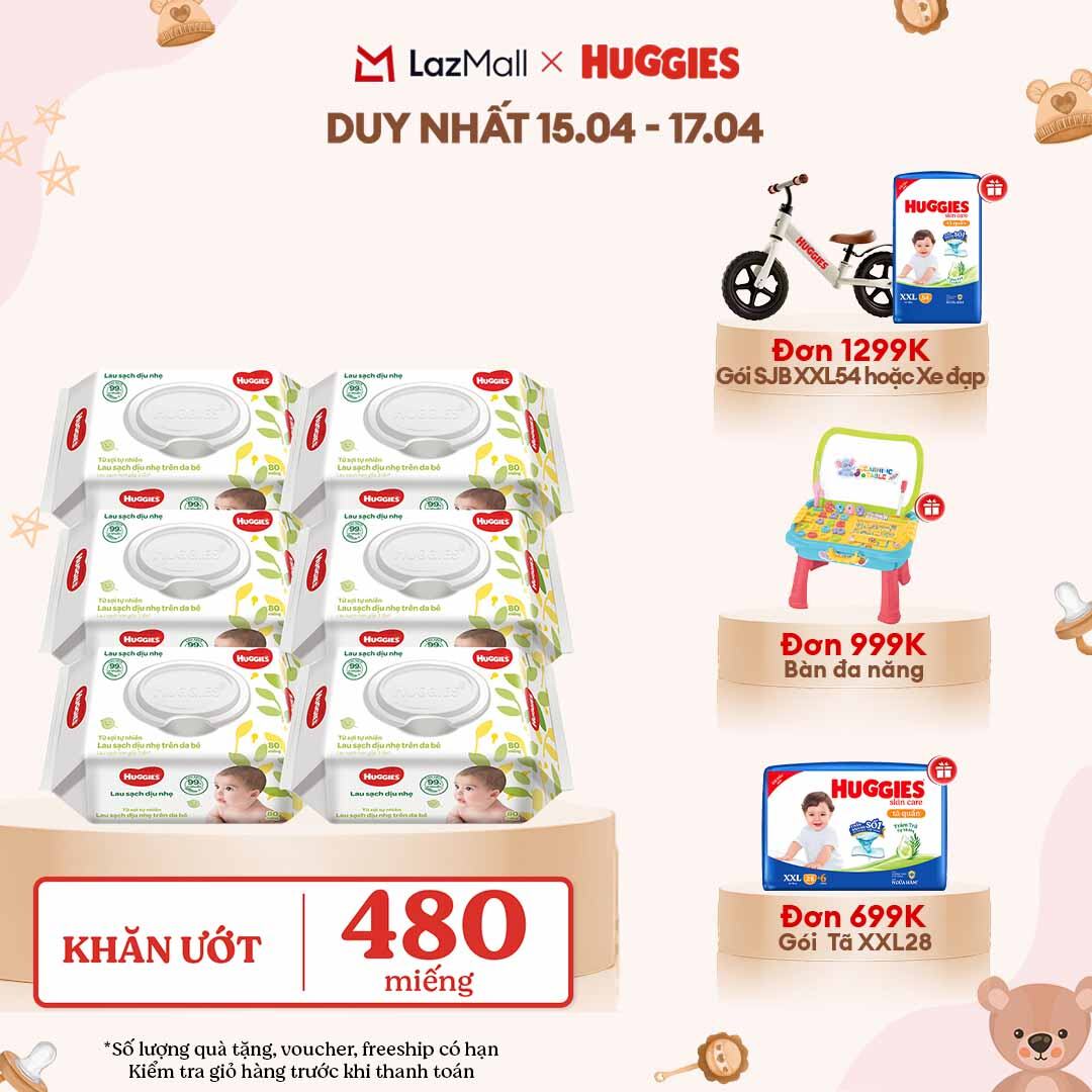 [CHỈ 18-24.04 GIẢM THÊM 90K] Combo 6 gói Khăn giấy ướt cho trẻ sơ sinh HUGGIES 80 miếng không mùi