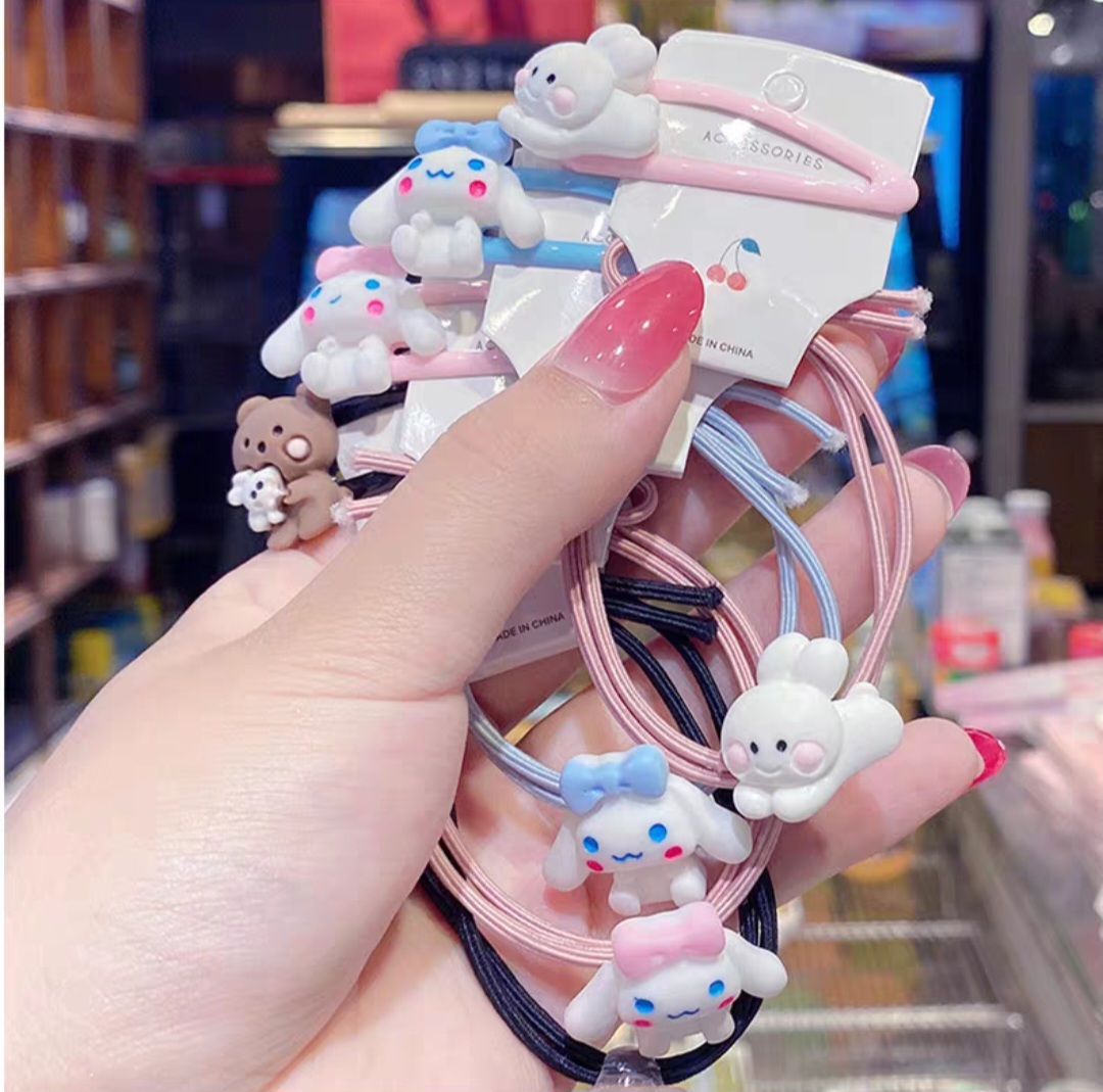 Set 2 kẹp tóc và dây cột tóc nữ đính charm hoạt hình dễ thương