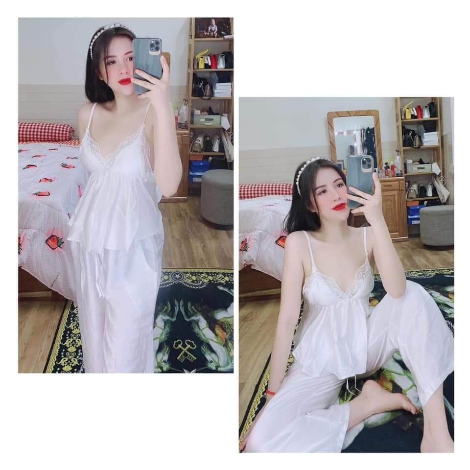 Đồ bộ mặc nhà-bộ đồ dài áo 2 dây phối ren ngực cột dây phía sau có kèm mút chất satin dưới 60kg-n020