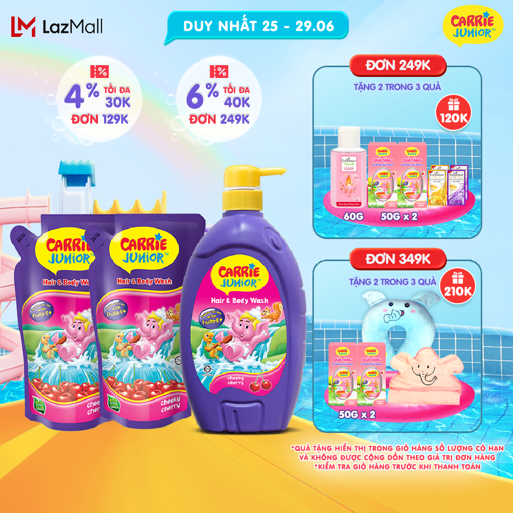 Combo 2 Túi Sữa Tắm Gội Carrie Junior Cho Bé chiết xuất trái cây thiên nhiên Hương Cherry (500g x 2) + Chai Sữa Tắm Gội cho bé Carrie Junior Hương Cherry (700g / Chai)