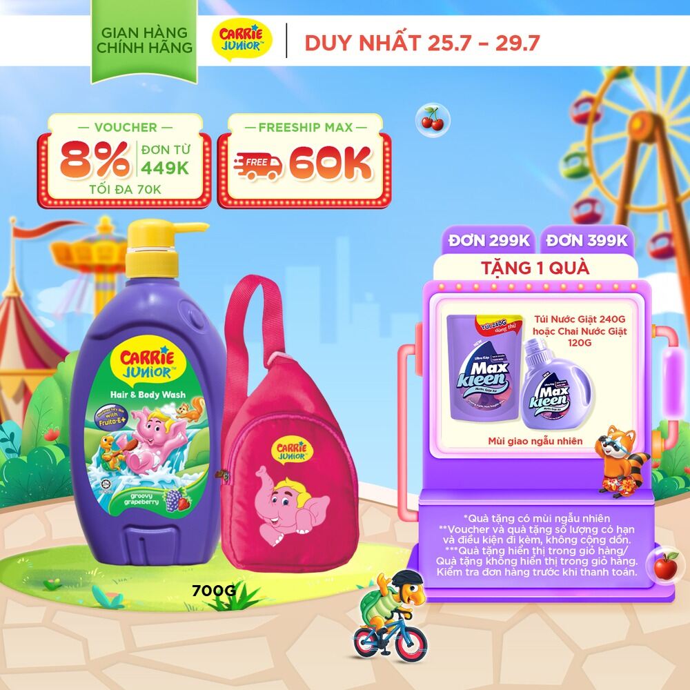 [Tặng Kèm Túi Đeo Chéo] Sữa Tắm Gội cho bé Carrie Junior Hương Grapeberry 700g