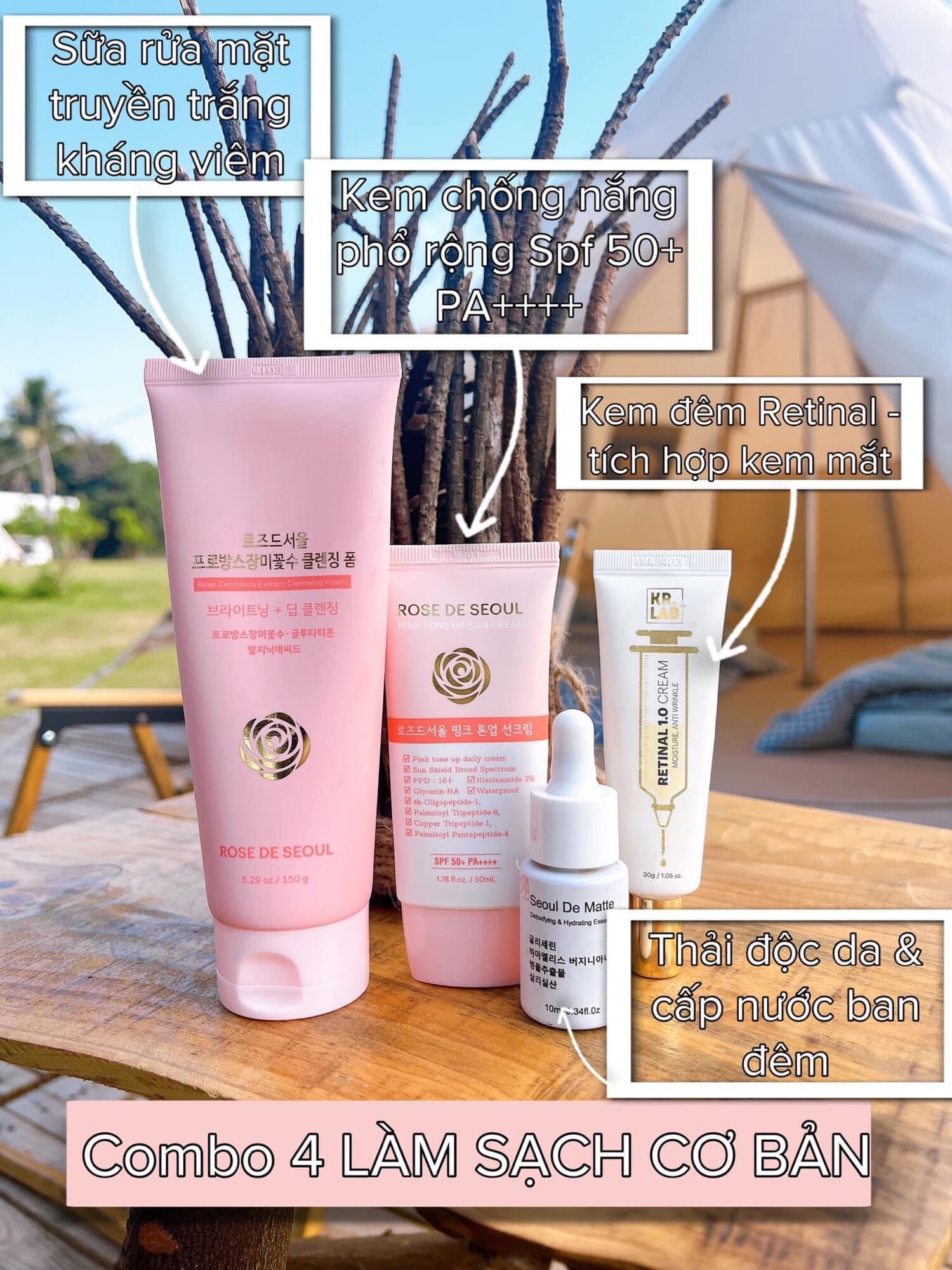 Combo 4 thải độc+ kem chống nắng + retinal + sữa rứa mặt Rose de Seoul