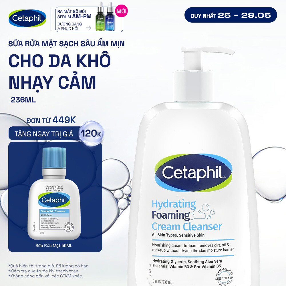 [GIẢM ĐẾN 24% + QUÀ 120K] Sữa rửa mặt tạo bọt dịu lành cho da khô nhạy cảm Cetaphil Hydrating Foaming Cream Cleanser 236ml [HSD 08/2026]