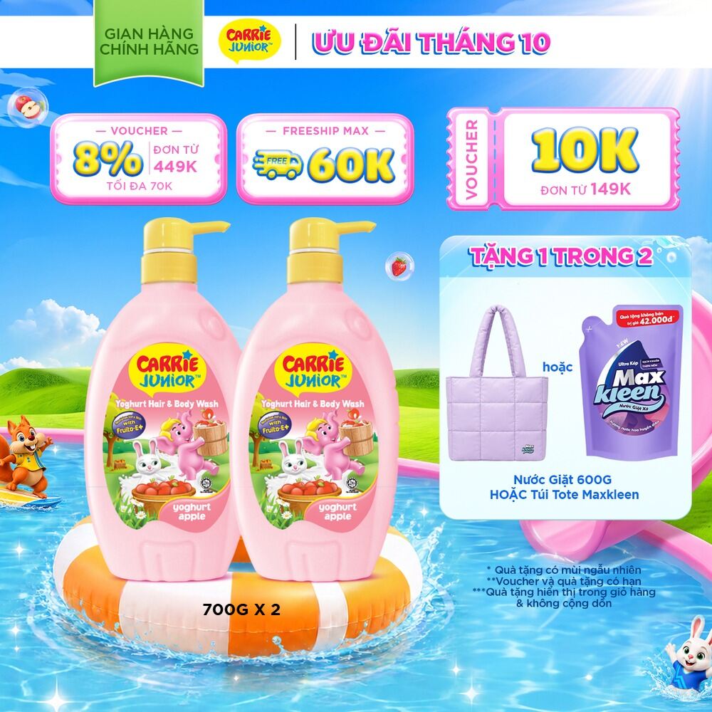 Combo 2 Chai Sữa Tắm Gội Cho Bé Carrie Junior chiết xuất trái cây thiên nhiên Yoghurt hương Táo 700g/ chai