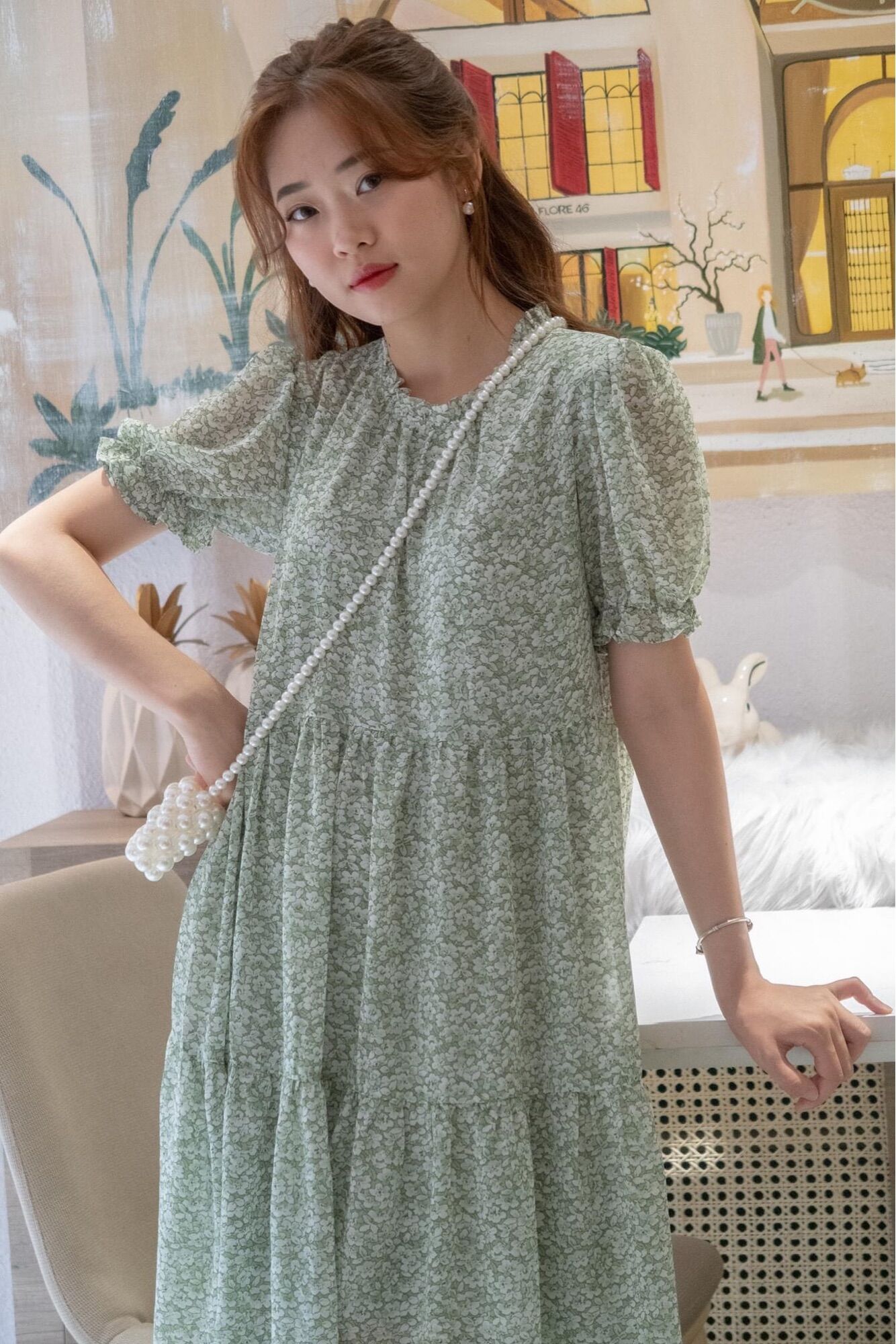 Váy babydoll xanh hoa nhí
