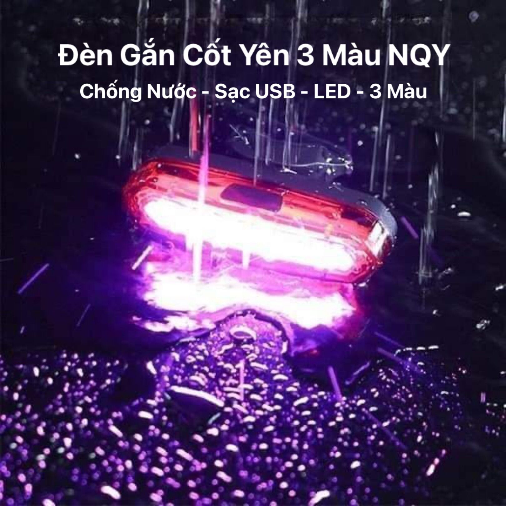 Đèn sau xe đạp nqy 3 màu đỏ xanh tím sạc usb chống nước