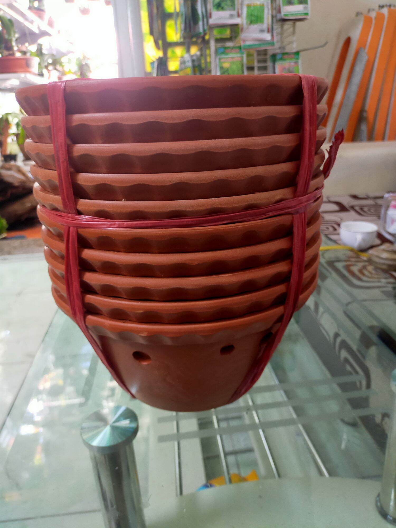 combo 10 chậu đất nung trồng lan gốm Bát Tràng (rộng 19 cm, cao 10.5 cm)