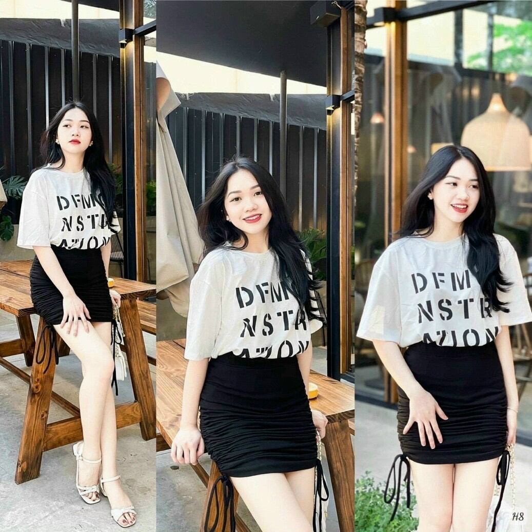 Set áo thun rộng chân váy rút dây