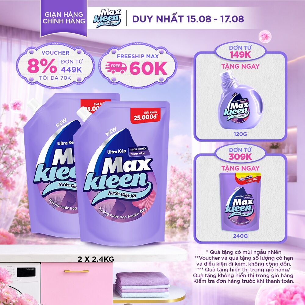 Combo 2 Túi Nước Giặt Xả MaxKleen 2.4kg (Huyền Diệu/ Hoa Nắng/ Vườn Sớm Mai/ Cam Sả)