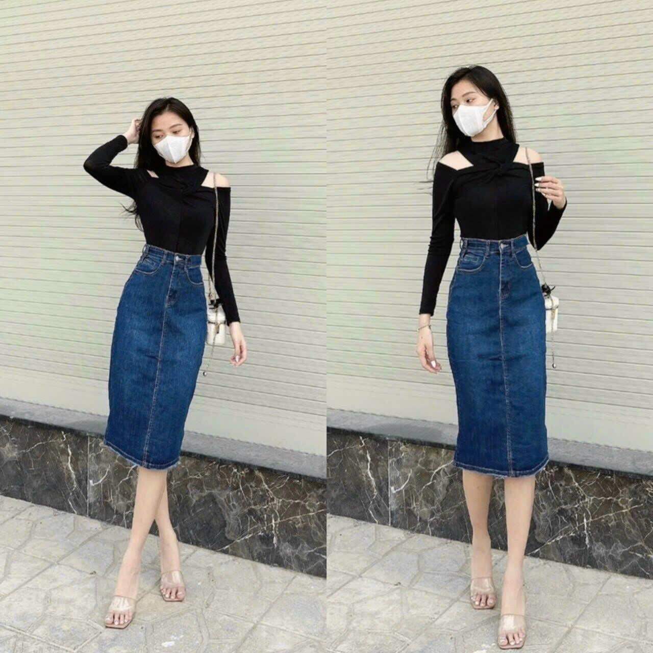 Chân váy jean dài ôm xẻ sau
